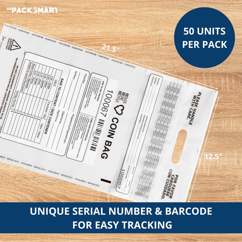 US PACK SMART Clear Plastic Coin Bag 12.5" x 21.5" | 50 lb. Capacity | Sequential Barcode Number, Self-Sealing, Permanent Adhesive, Ideal for Handling and Transport of Coins and Casino Chips | 50-Pack - Image 3